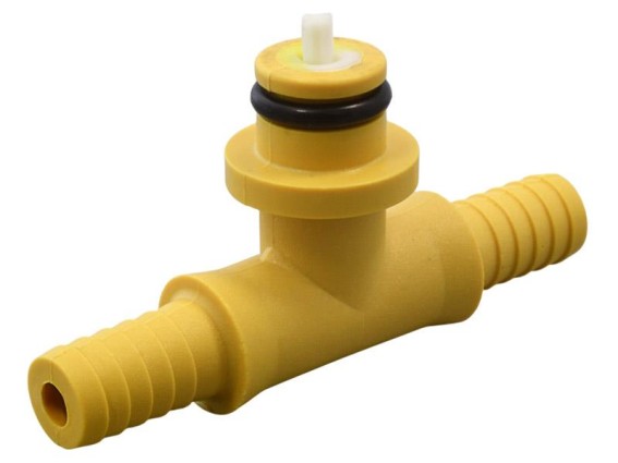 T-Verbinder für Druckluft-Zufuhr, 2 x 1/4" Schlauchtülle + Rückschlagventil